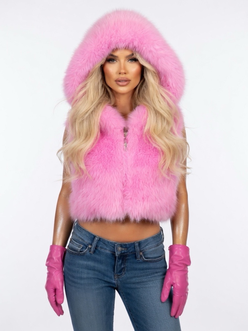 Bubblegum Pink Faux Fur Crop Hooded Vest - Picture 6 of 17